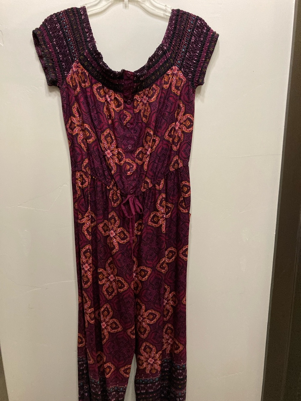 Xhilaration Burgundy Printed Jumpsuit with Smocked Yoke